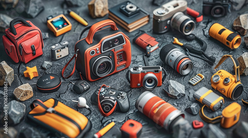 Photography equipment and accessories arranged artistically, showcasing variety of cameras, bags, and gadgets. This vibrant collection is perfect for travel enthusiasts and photographers