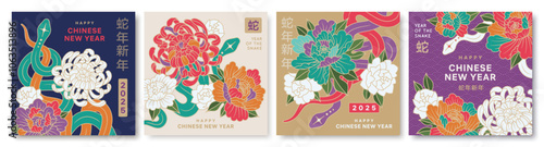 Set of Chinese New Year banners with snake, chrysanthemum and peony . Design templates with flowers, clouds, stars, snakes and hieroglyphic means new year of the snake and symbol of snake. 