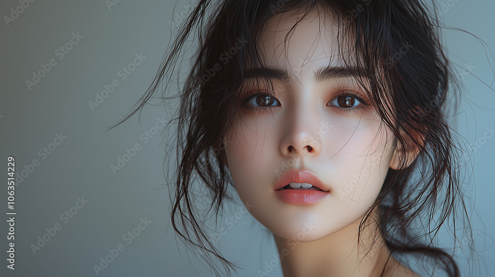 woman with tousled hair gazes softly, her expression serene and captivating, against neutral background woman with tousled hair gazes softly, her expression serene and captivating, against neutral background