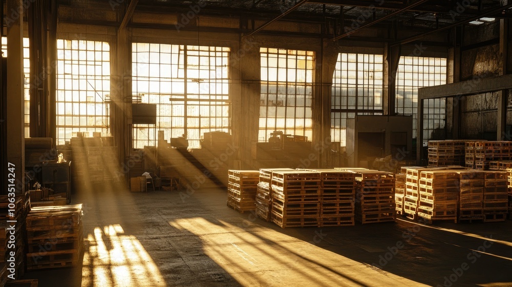 Warm Light in an Industrial Warehouse with Pallets Warm Light in an Industrial Warehouse with Pallets