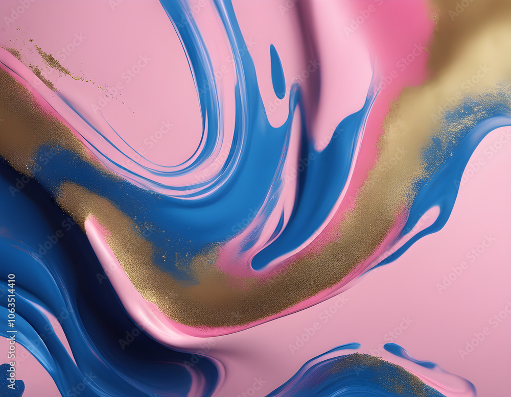 Obraz premium Captivating pink and blue liquid acrylic paint blend with gold glitter, creating a modern, vibrant design perfect for backgrounds