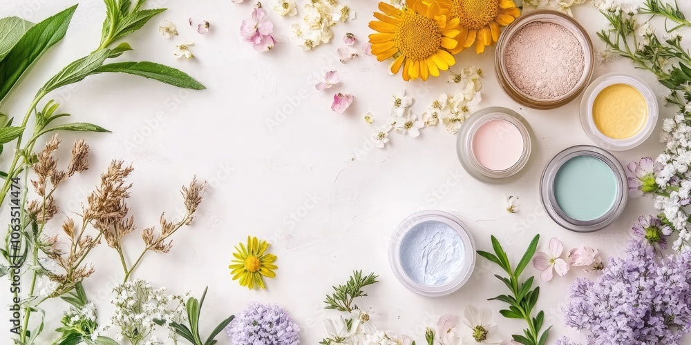 Natural organic cosmetics arranged on a white surface, creating a flat lay that provides ample space for self care and home spa treatment ideas. Natural organic cosmetics arranged on a white surface, creating a flat lay that provides ample space for self care and home spa treatment ideas.