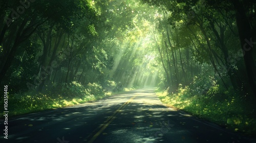 A winding road through a lush forest, bathed in the golden light of the morning sun.