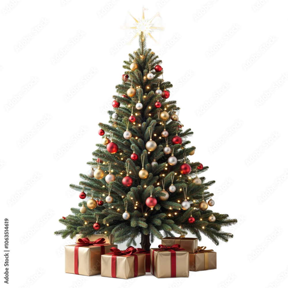 Festive Christmas tree decorated with ornaments and gifts Festive Christmas tree decorated with ornaments and gifts