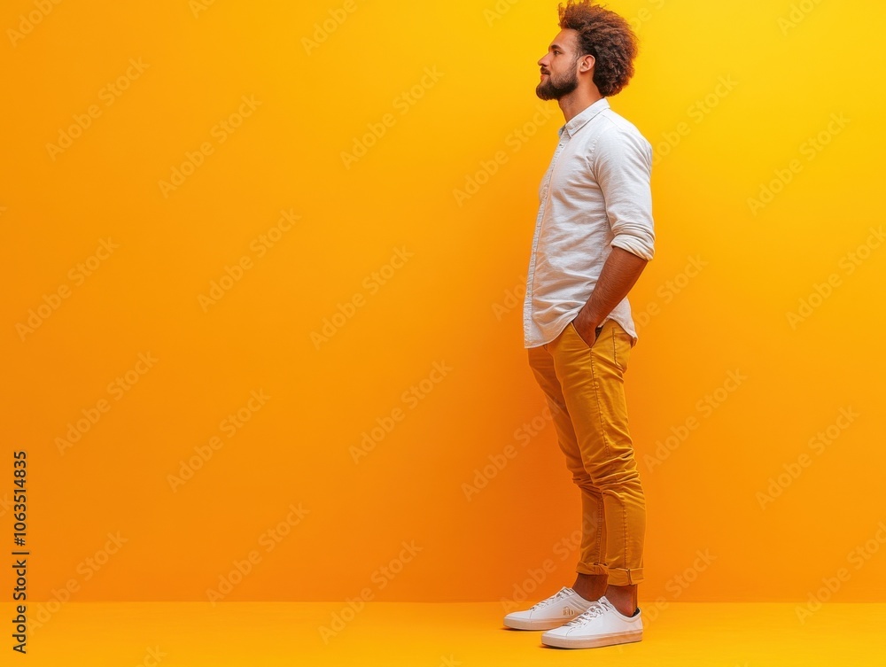 Fototapeta premium A person in a white shirt and yellow pants stands confidently against a vivid orange background, showcasing a modern and vibrant aesthetic.