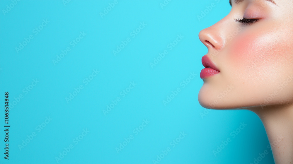 serene side profile of woman with flawless skin against vibrant blue background, highlighting her natural beauty and elegance
