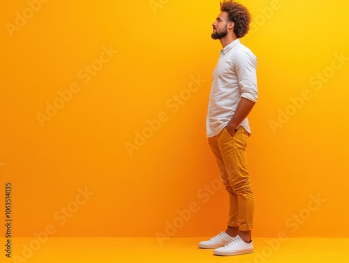 A person in a white shirt and yellow pants stands confidently against a vivid orange background, showcasing a modern and vibrant aesthetic.