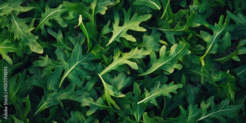 Vibrant green arugula leaves create a striking background with intensified colors, showcasing the fresh and lively essence of the leafy greens.