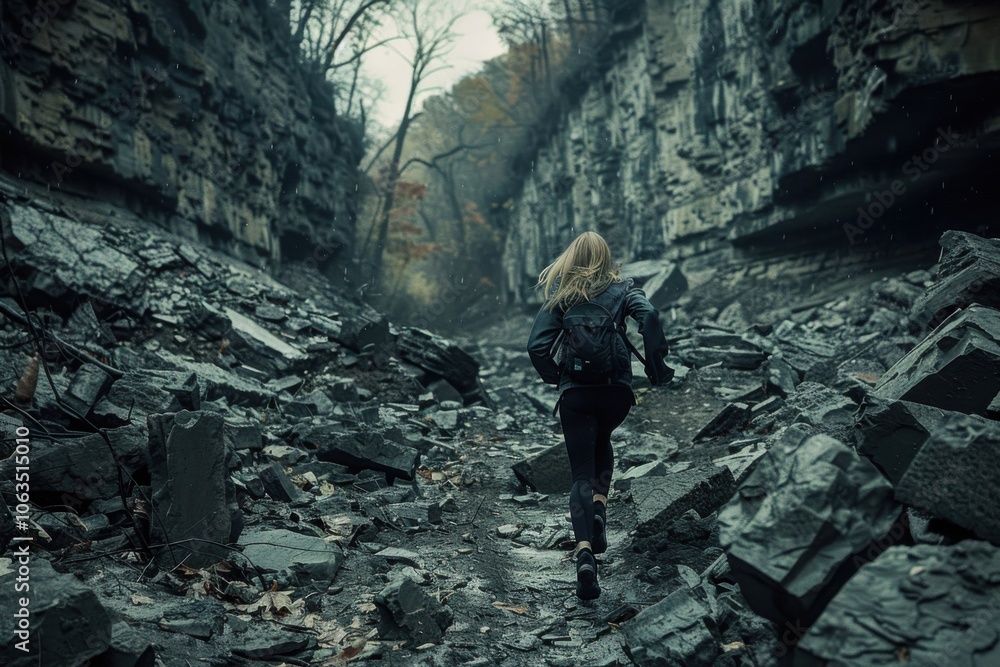 A woman runs through a rocky canyon, surrounded by rugged cliffs and a moody, overcast sky. A woman runs through a rocky canyon, surrounded by rugged cliffs and a moody, overcast sky.