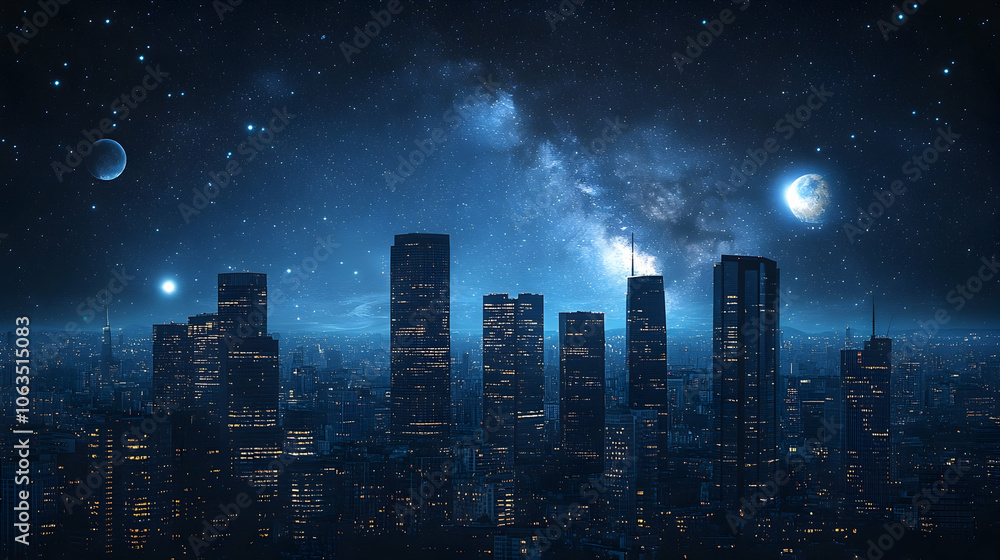 Fototapeta premium Cityscape Under a Starry Night Sky, stars, milky way, galaxy, moon, cityscape at night