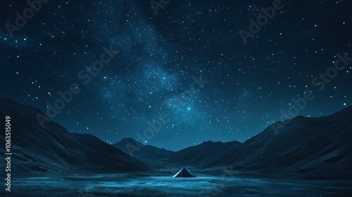 A lone tent sits in a valley under a starry night sky.