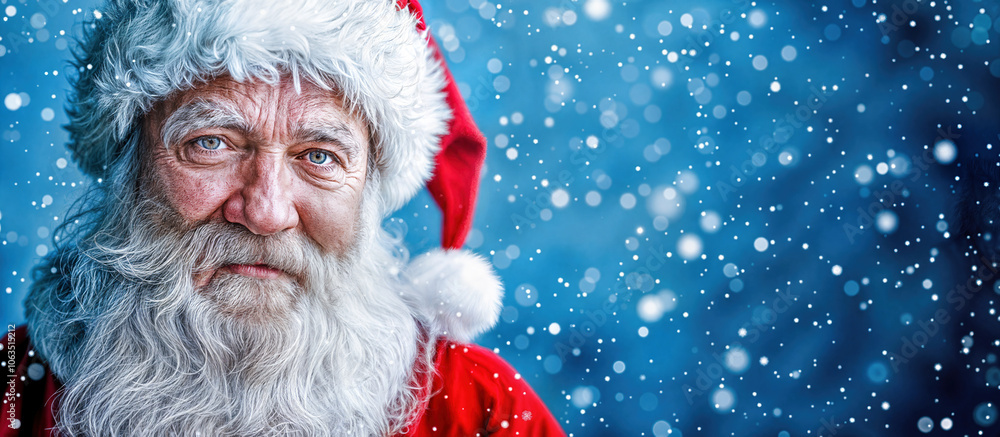 portrait du père Noël sur un fond bleu avec de la neige portrait du père Noël sur un fond bleu avec de la neige