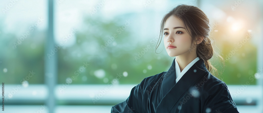 woman in traditional attire gazes thoughtfully out window, surrounded by serene, softly lit environment. Snowflakes gently fall, adding peaceful ambiance to scene woman in traditional attire gazes thoughtfully out window, surrounded by serene, softly lit environment. Snowflakes gently fall, adding peaceful ambiance to scene