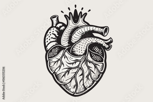 A detailed vintage illustration of a human heart in black and white on a light yellow background, showing veins and arteries.