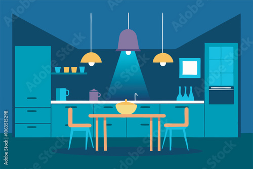 A cozy kitchen at night with a wooden table, modern appliances, shelves, and purple walls creating a warm and inviting atmosphere.