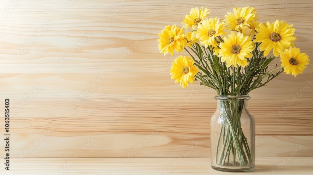 custom made wallpaper toronto digitalA delicate bouquet of soft yellow flowers is beautifully arranged in a clear glass vase on a light wooden surface, offering a serene touch with ample photo space for design.