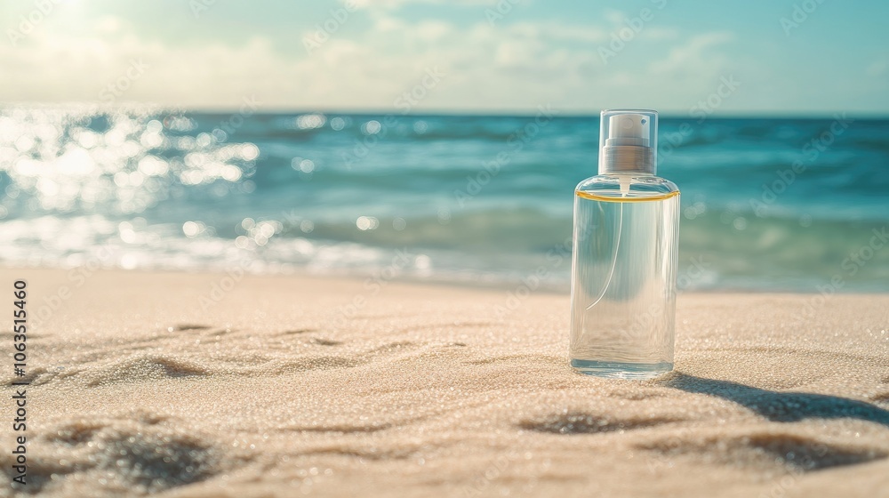 Transparent Bottle on Sandy Beach with Ocean Background Transparent Bottle on Sandy Beach with Ocean Background