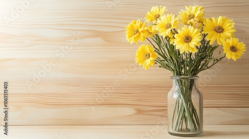 Wallpaper Mural A delicate bouquet of soft yellow flowers is beautifully arranged in a clear glass vase on a light wooden surface, offering a serene touch with ample photo space for design. Torontodigital.ca
