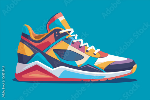 A vibrant, multi-colored sneaker with geometric shapes in orange, blue, yellow, and red. Features a secure design with thick sole and lace-up strap system, set against a lively cyan background.