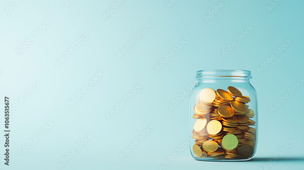 Glass Jar of Gold Coins on Blue Background for Financial Planning Concept Glass Jar of Gold Coins on Blue Background for Financial Planning Concept