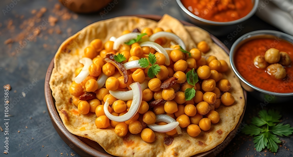 white chickpeas curry garnished with herbs and onion white chickpeas curry garnished with herbs and onion