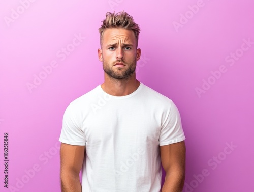 A man with a confused expression stands against a solid purple background, wearing a white t-shirt. The vibrant color enhances the subject's expression.