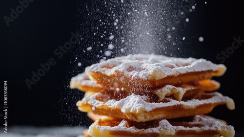 Close-up of a stack of waffles topped with powdered sugar, set against a black background, highlighting the delicious layers and inviting texture of the waffles. Ideal photo with copy space. photo