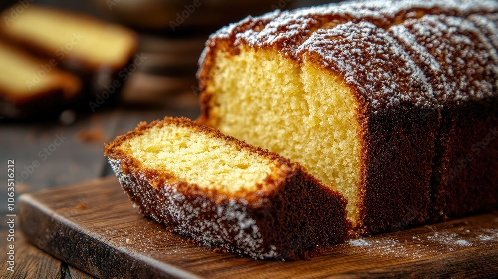 Freshly Baked Loaf of Golden Cake on Wooden Board Freshly Baked Loaf of Golden Cake on Wooden Board