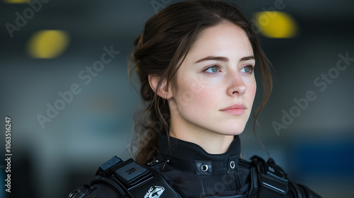 woman in futuristic black uniform gazes intently, exuding determination and focus. setting suggests high tech environment, enhancing sense of readiness and strength photo