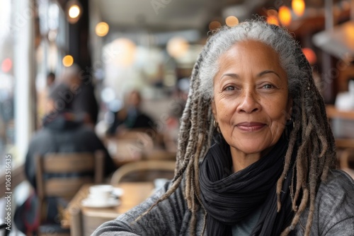 A happy mature woman with long dreadlocks smiles warmly at the camera while sitting in a cozy café. The ambiance is welcoming and softly lit.