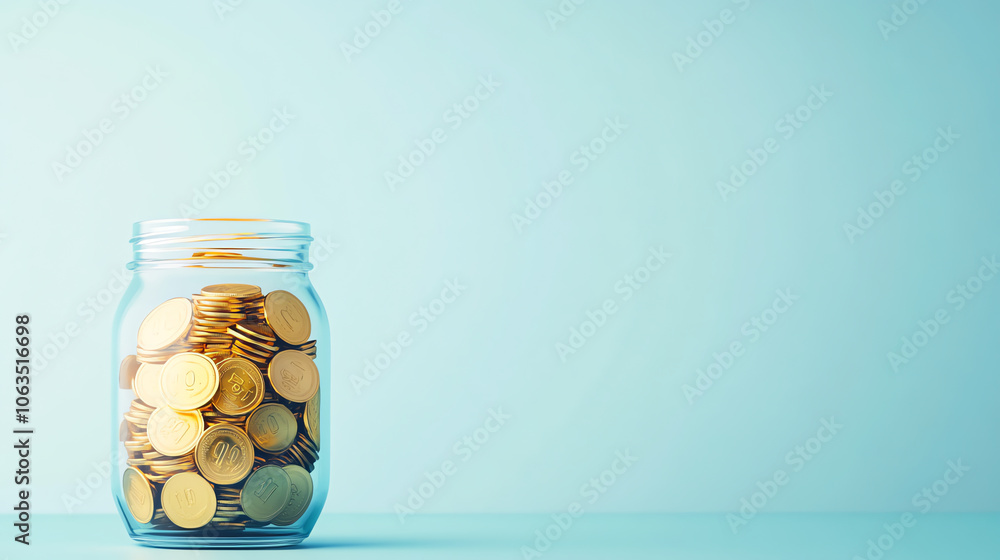 Glass Jar of Gold Coins on Blue Background for Financial Planning Concept Glass Jar of Gold Coins on Blue Background for Financial Planning Concept
