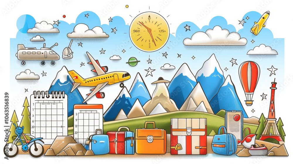 Travel planning is made fun with these simple line icons, featuring airplane, mountains, and various travel essentials like bags and calendar Travel planning is made fun with these simple line icons, featuring airplane, mountains, and various travel essentials like bags and calendar
