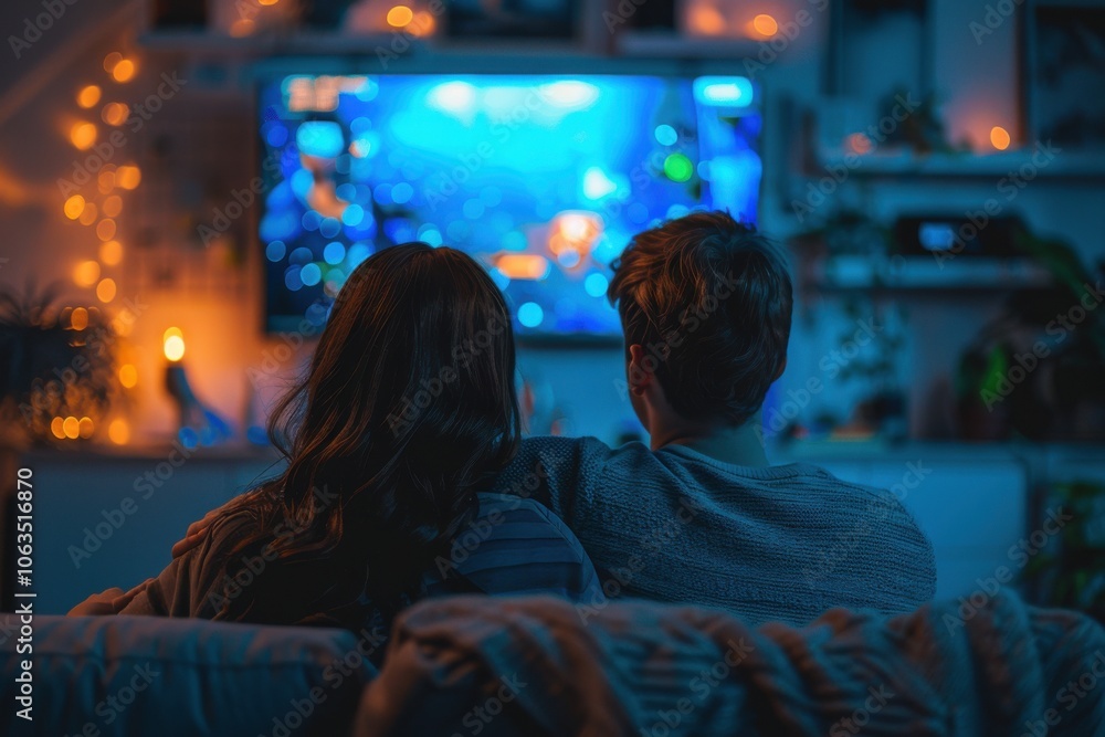A cozy scene featuring a couple relaxing together on a couch, watching television in a dimly lit room with warm ambient lighting. A cozy scene featuring a couple relaxing together on a couch, watching television in a dimly lit room with warm ambient lighting.