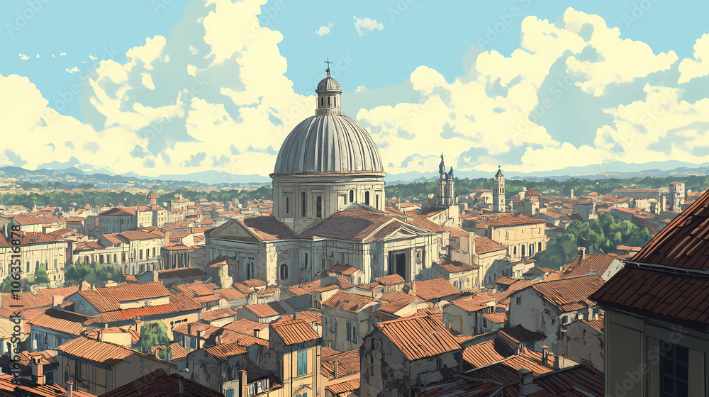 Obraz premium A city with a large dome on top of a building. generate ai image. Italian Renaissance Piazza. Illustration