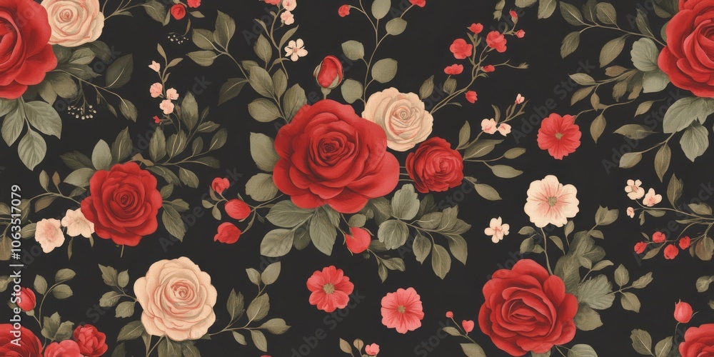 Crimson Rose Romance: A captivating seamless pattern featuring lush red and blush roses, intertwined with delicate green leaves against a dark background. Crimson Rose Romance: A captivating seamless pattern featuring lush red and blush roses, intertwined with delicate green leaves against a dark background.