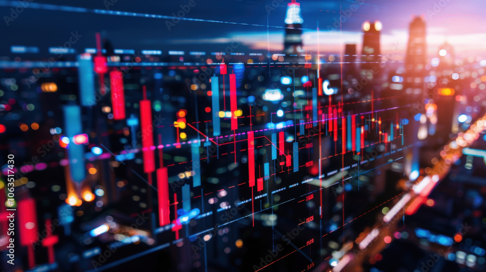 Fototapeta premium vibrant city skyline is overlaid with digital stock market chart, showcasing fluctuating prices and trends. scene captures dynamic relationship between urban life and financial markets, evoking sense