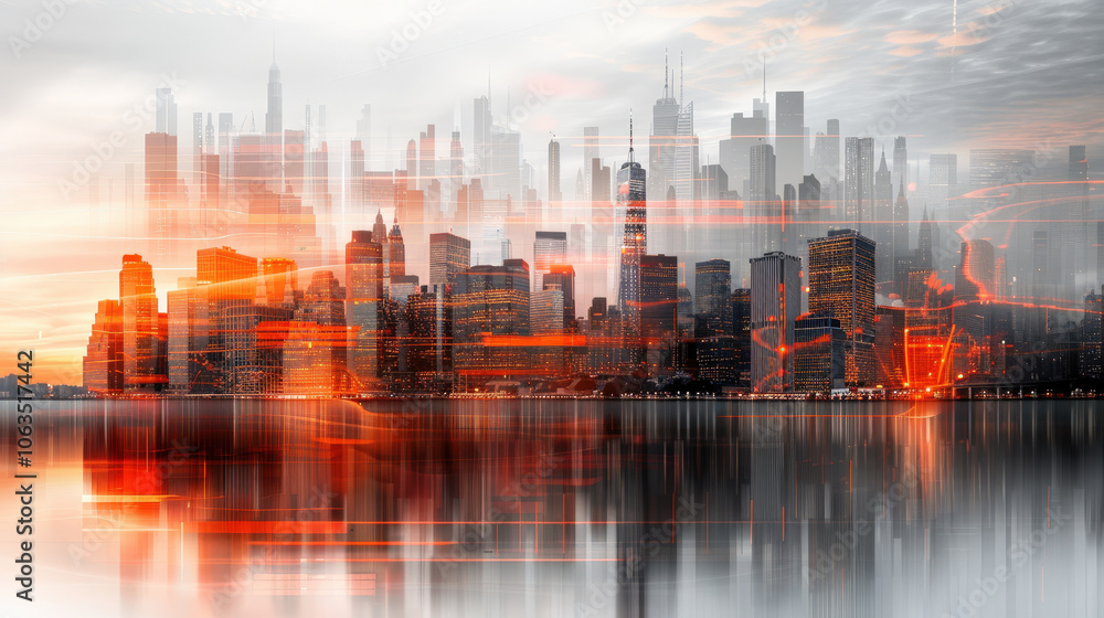 Obraz premium stunning city skyline overlayed with vibrant chart, showcasing dynamic energy of urban life and financial growth. reflection on water adds serene touch to bustling scene
