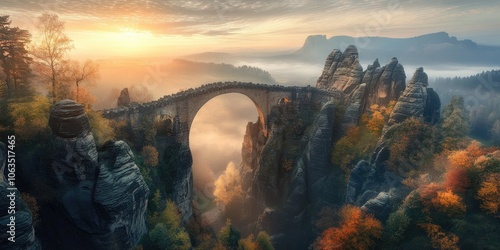 Stunning aerial perspective showcasing a breathtaking rocky terrain featuring an impressive arch bridge made of rock, all illuminated by the beautiful light of sunrise. photo