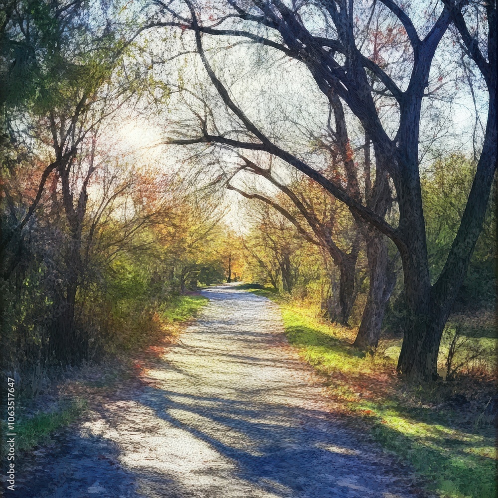 Naklejka premium Scenic path through a vibrant wooded area, illuminated by soft sunlight.