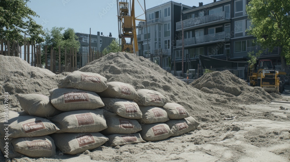 Fototapeta premium Construction site with sand piles and bags, showcasing building materials and equipment.