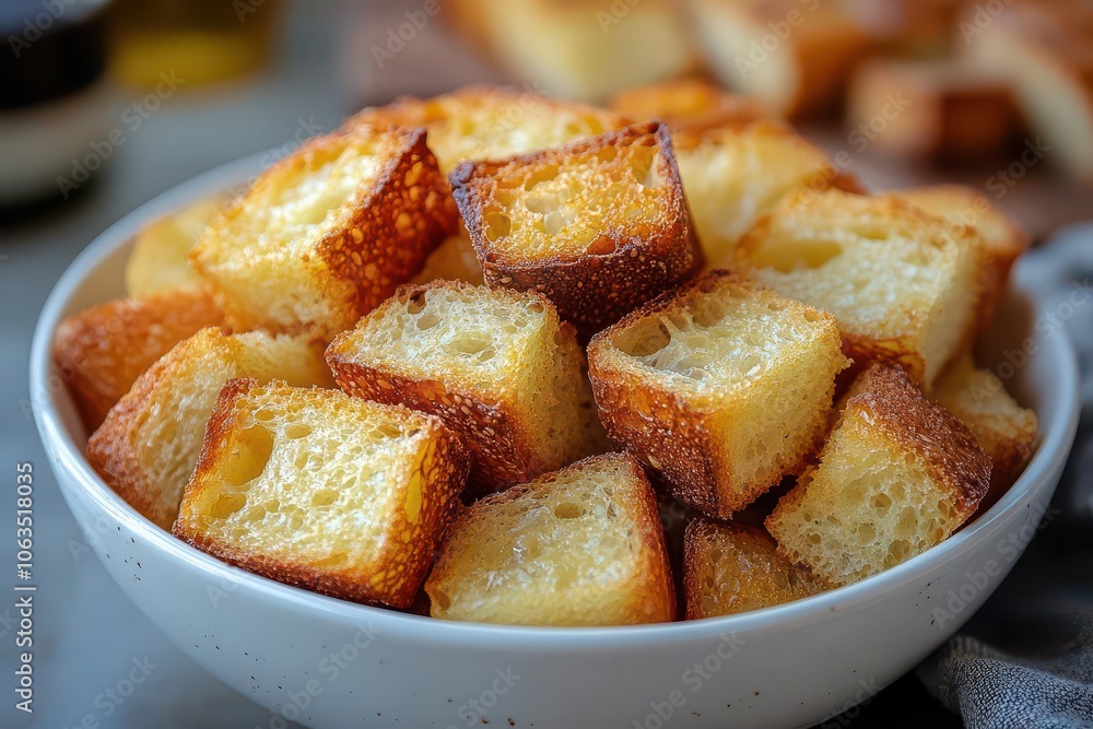 golden brown cubed bread pieces fill a pristine white bowl gently illuminated by warm soft light creating a cozy atmosphere that evokes the comfort of homemade baked goods golden brown cubed bread pieces fill a pristine white bowl gently illuminated by warm soft light creating a cozy atmosphere that evokes the comfort of homemade baked goods
