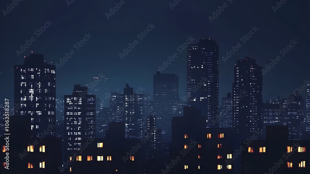 Naklejka premium Glowing City Skyline at Night Atmospheric Urban Darkness and Solitude