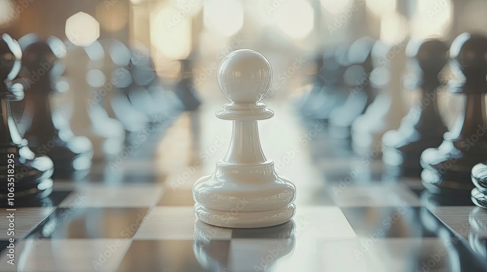 High-resolution image capturing a white chess pawn amidst blurred chess pieces. This chess pawn symbolizes peace, strategy, and intellectual challenges with ample copy space. High-resolution image capturing a white chess pawn amidst blurred chess pieces. This chess pawn symbolizes peace, strategy, and intellectual challenges with ample copy space.