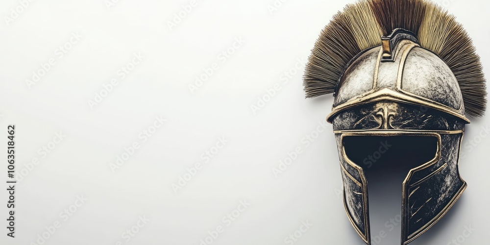 Obraz premium A Roman gladiator helmet set against a clean white backdrop. This helmet represents the fierce warriors of ancient Rome, embodying strength and valor.