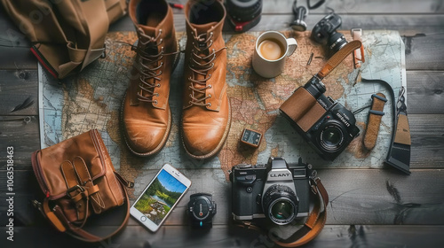 Exploring travel essentials laid out on map, featuring brown boots, cameras, and coffee cup, evokes sense of adventure and wanderlust