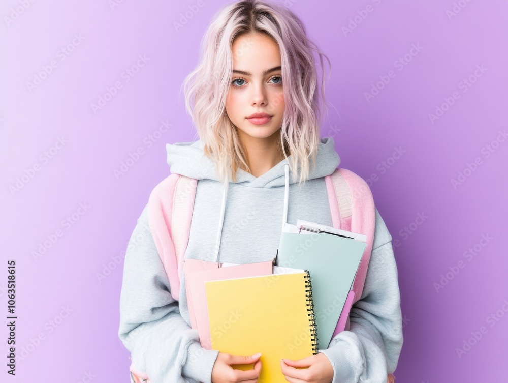A young woman with colorful materials stands against a vibrant purple backdrop, wearing a light hoodie and showcasing a modern, stylish look. A young woman with colorful materials stands against a vibrant purple backdrop, wearing a light hoodie and showcasing a modern, stylish look.