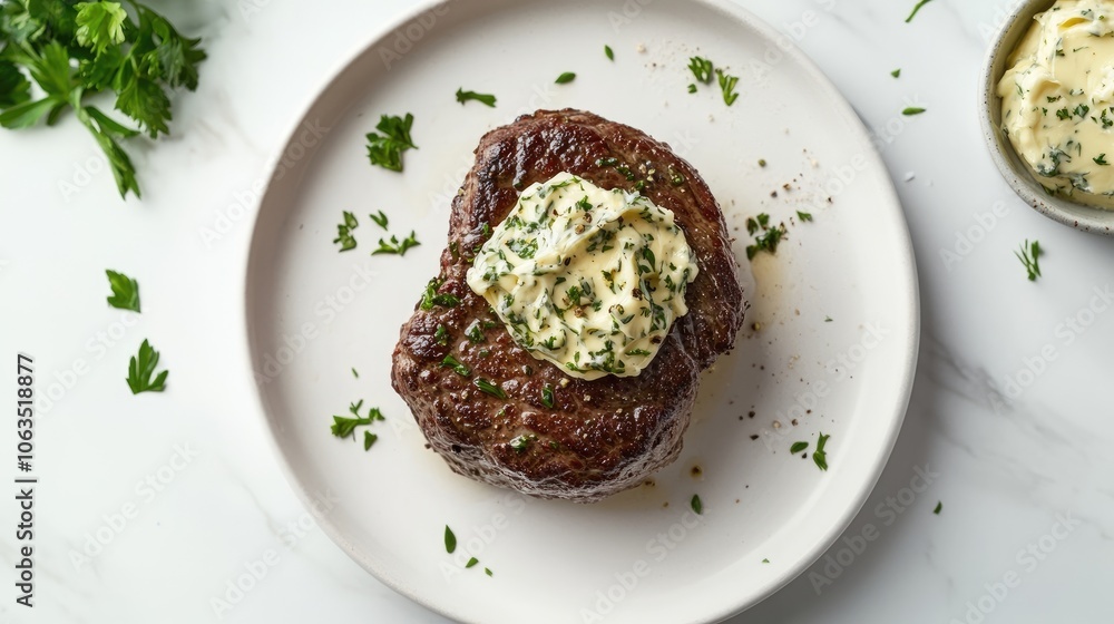 Delicious beef filet mignon grilled to perfection, topped with creamy garlic herb butter on a white plate, captured from an overhead perspective, with ample copy space. Delicious beef filet mignon grilled to perfection, topped with creamy garlic herb butter on a white plate, captured from an overhead perspective, with ample copy space.