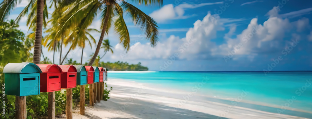 Colorful mailboxes on a tropical beach under palm trees and a bright sky. Panorama with copy space.
