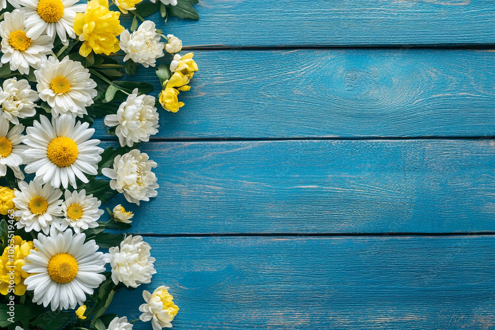 A old wooden plank background with a variety of yellow and white flowers, including daisies on the sides.
A old wooden plank background with a variety of yellow and white flowers, including daisies on the sides.