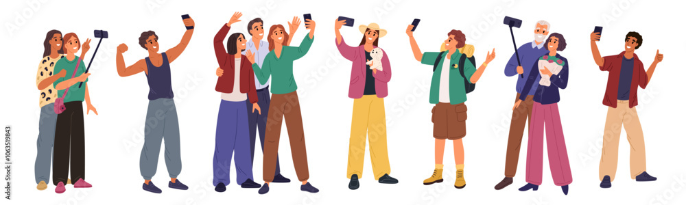 Fototapeta premium People take selfies. Friends groups. Couples making photos. Tourist or athlete taking photography of themselves with phones front camera. Persons shooting snapshots. Garish vector set